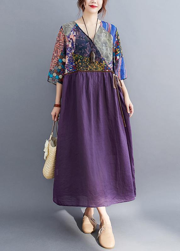 Simple Purple Print Tunic Pattern V Neck Tie Waist Loose Spring Dress - SooLinen