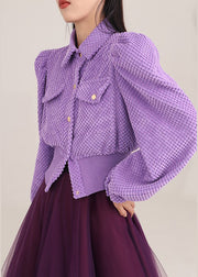 Simple Purple Puff Sleeve Button Coat Spring