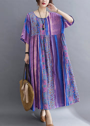 Simple Purple Wrinkled Patchwork Pockets Print Cotton Long Dress Half Sleeve