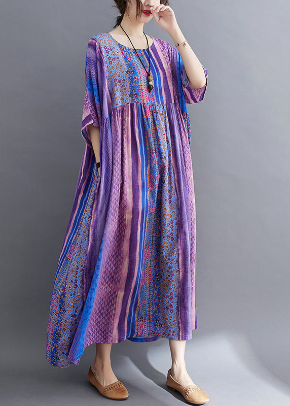 Simple Purple Wrinkled Patchwork Pockets Print Cotton Long Dress Half Sleeve