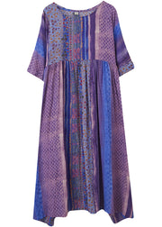 Simple Purple Wrinkled Patchwork Pockets Print Cotton Long Dress Half Sleeve