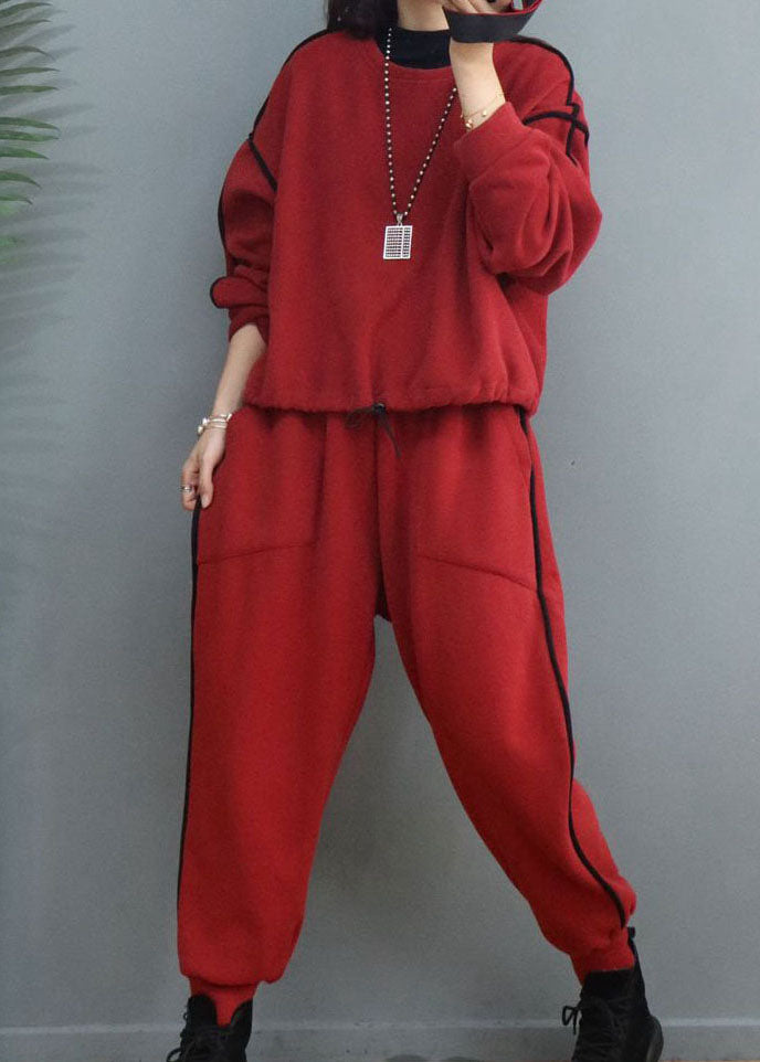 Simple Red Cinched Fine Cotton Filled Two Piece Set Winter