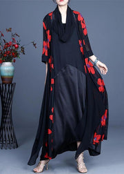 Simple Red Floral Summer Silk Long Loose Jacket - SooLinen