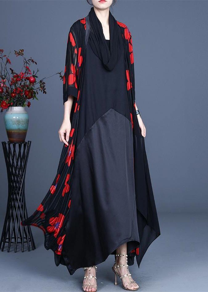 Simple Red Floral Summer Silk Long Loose Jacket - SooLinen