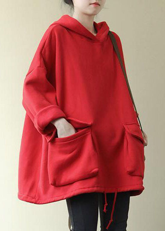 Simple Red Hooded Pockets Warm Fleece Sweatshirts Top Spring