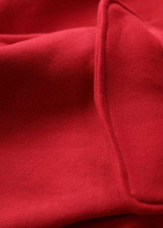 Simple Red Hooded Pockets Warm Fleece Sweatshirts Top Spring