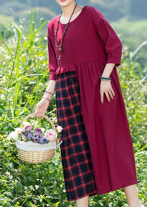 Simple Red Plaid Dress O Neck Patchwork Art Spring Dress - SooLinen