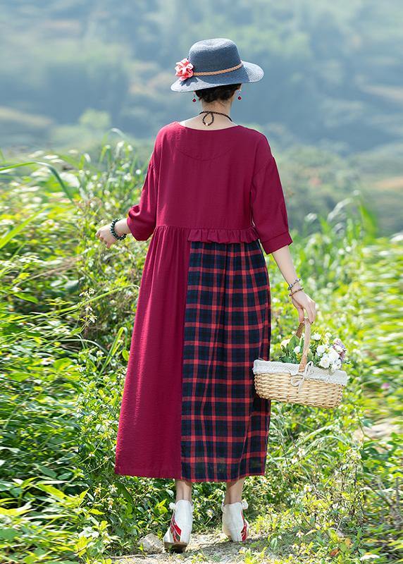 Simple Red Plaid Dress O Neck Patchwork Art Spring Dress - SooLinen