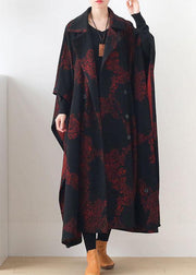 Simple Red Print Asymmetrical Design Button Coat Long - SooLinen