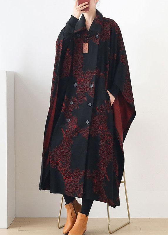 Simple Red Print Asymmetrical Design Button Coat Long - SooLinen