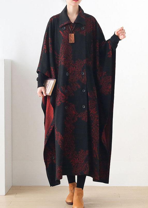 Simple Red Print Asymmetrical Design Button Coat Long - SooLinen