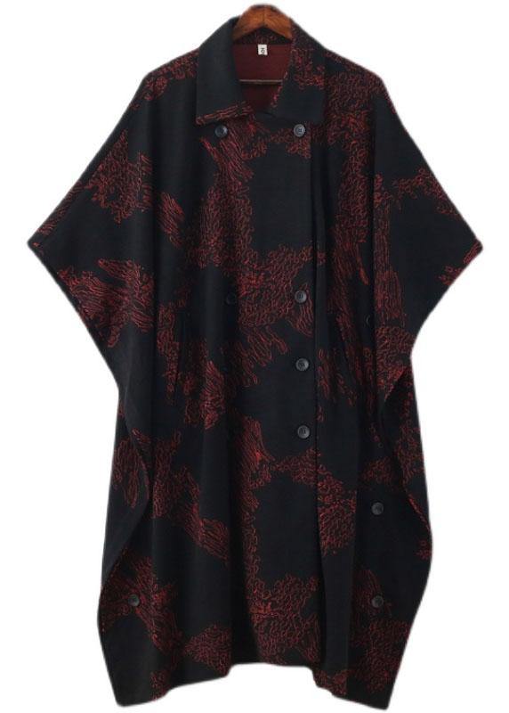 Simple Red Print Asymmetrical Design Button Coat Long - SooLinen