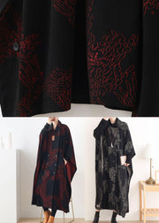 Simple Red Print Asymmetrical Design Button Coat Long - SooLinen