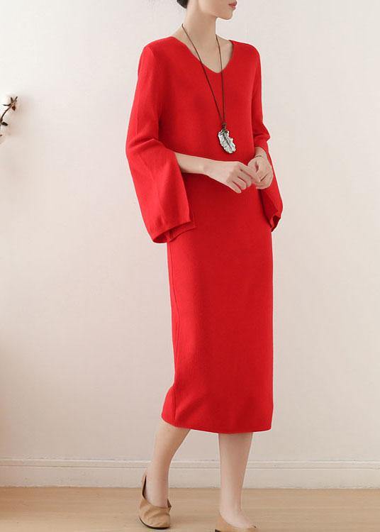 Simple Red V Neck Elegant Slim Fit Knitwear Dress - SooLinen