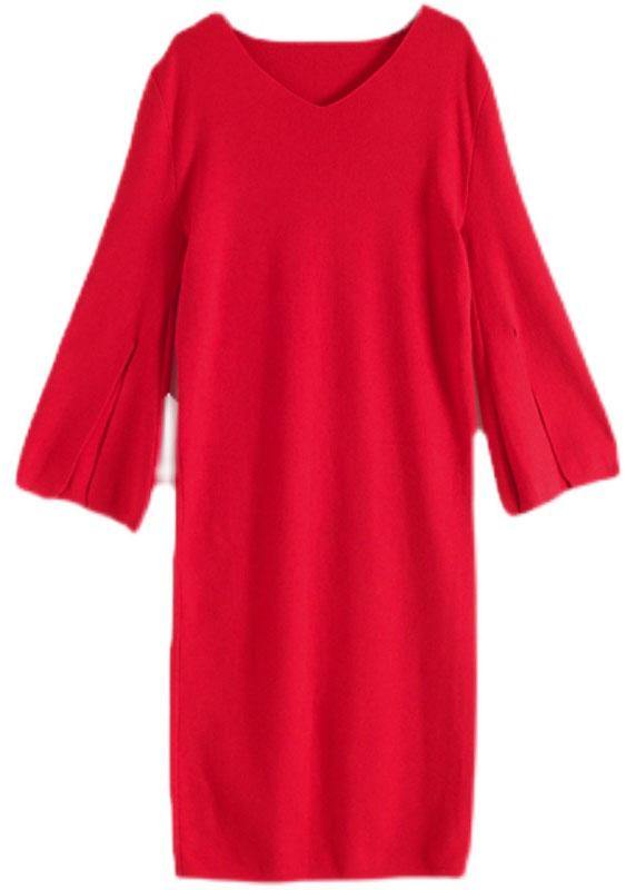 Simple Red V Neck Elegant Slim Fit Knitwear Dress - SooLinen