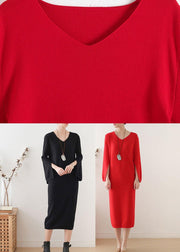 Simple Red V Neck Elegant Slim Fit Knitwear Dress - SooLinen