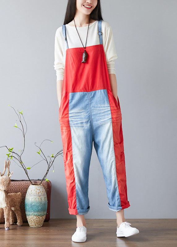 Einfache rote Taschen Patchwork-Jeans Overall Frühling