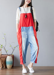 Einfache rote Taschen Patchwork-Jeans Overall Frühling