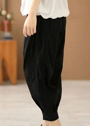 Simple Solid Black Elastic Waist Pockets Cotton Harem Pants Summer