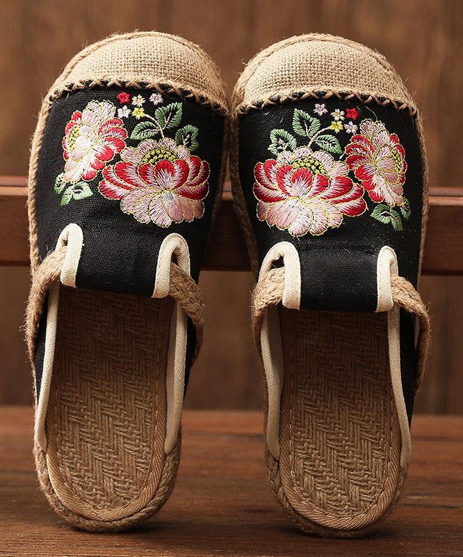 Simple Splicing Flat Shoes Beige Embroideried Cotton Linen Fabric - SooLinen