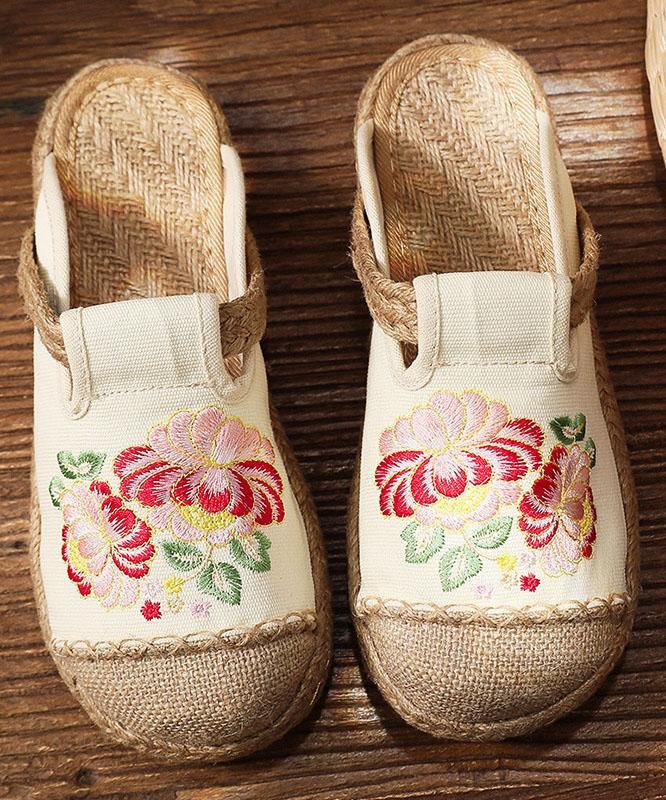 Simple Splicing Flat Shoes Beige Embroideried Cotton Linen Fabric - SooLinen