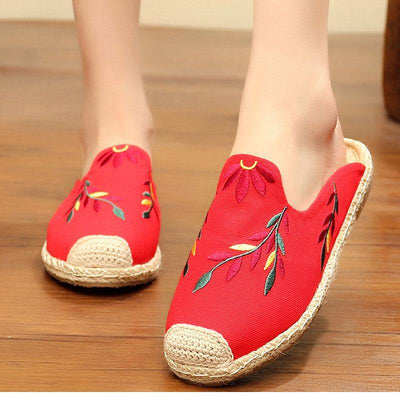 Simple Splicing Red Cotton Fabric Embroideried Slippers Shoes - SooLinen