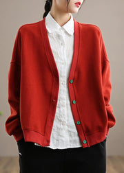 Simple V Neck Button Down Top Quality Spring Red outwear - SooLinen