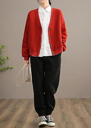 Simple V Neck Button Down Top Quality Spring Red outwear - SooLinen