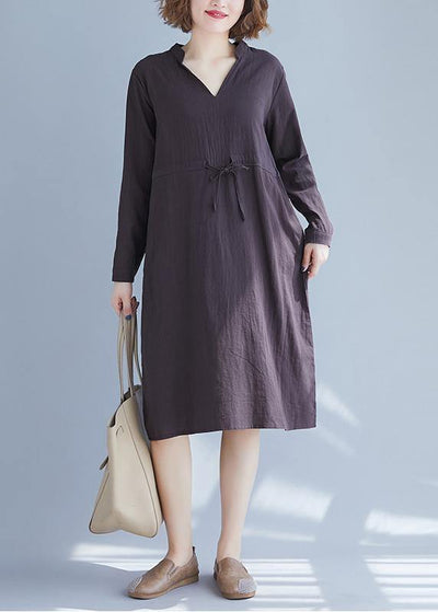 Simple V Neck Drawstring Spring Robes Neckline Gray Dresses - SooLinen