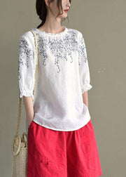 Simple White Loose O-Neck Embroideried Summer Linen Blouse Top - SooLinen