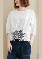 Simple White O-Neck Bow Patchwork Fall Top Three Quarter Sleeve