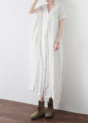 Simple White V Neck Vacation Dress Summer Linen Dress - SooLinen