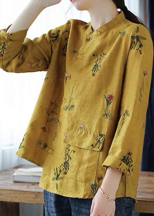 Simple Yellow Embroideried Linen Shirt Long Sleeve