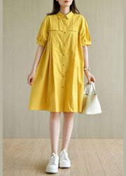 Simple Yellow Loose PeterPan Collar Button Summer Cotton Dresses - SooLinen