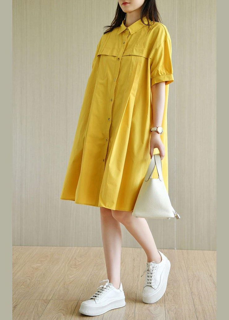 Simple Yellow Loose PeterPan Collar Button Summer Cotton Dresses - SooLinen