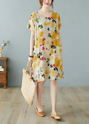 Simple Yellow O Neck Print Dress Cotton Linen Summer - SooLinen