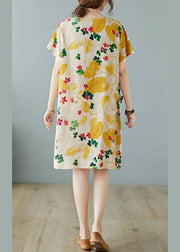 Simple Yellow O Neck Print Dress Cotton Linen Summer - SooLinen