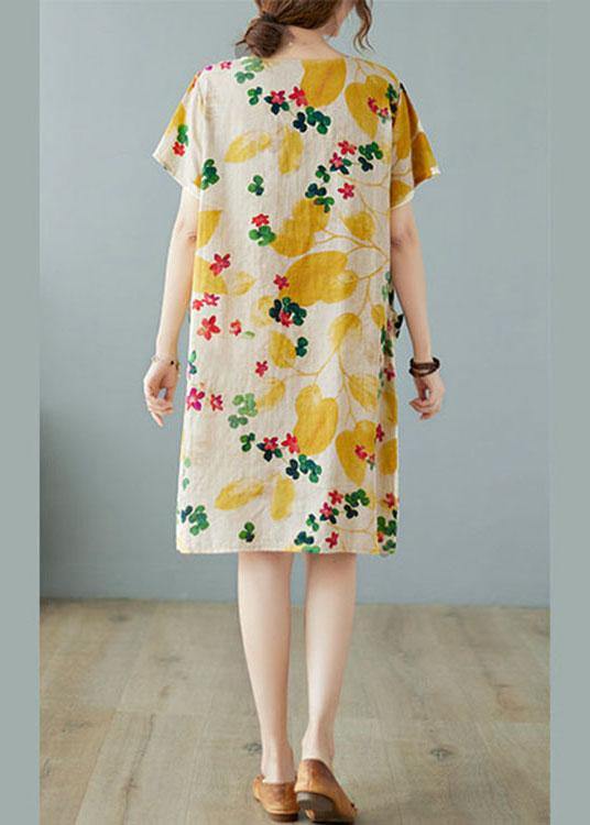 Simple Yellow O Neck Print Dress Cotton Linen Summer - SooLinen