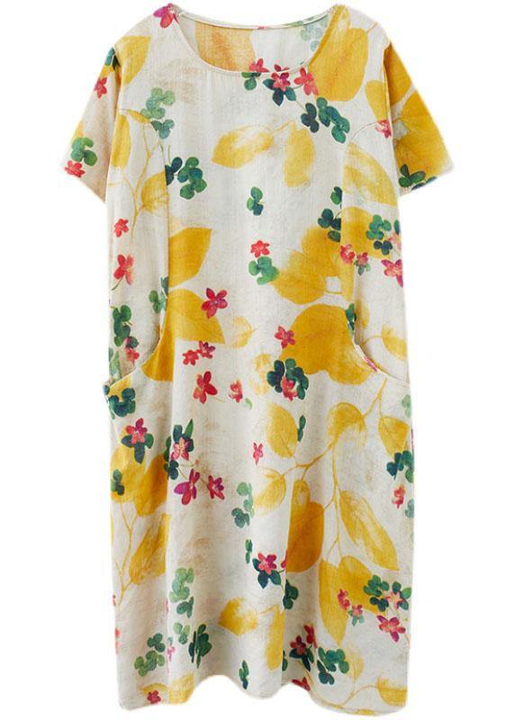 Simple Yellow O Neck Print Dress Cotton Linen Summer - SooLinen