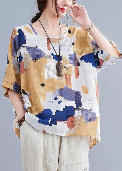 Simple Yellow Print Cotton Linen Shirt Top Summer - SooLinen