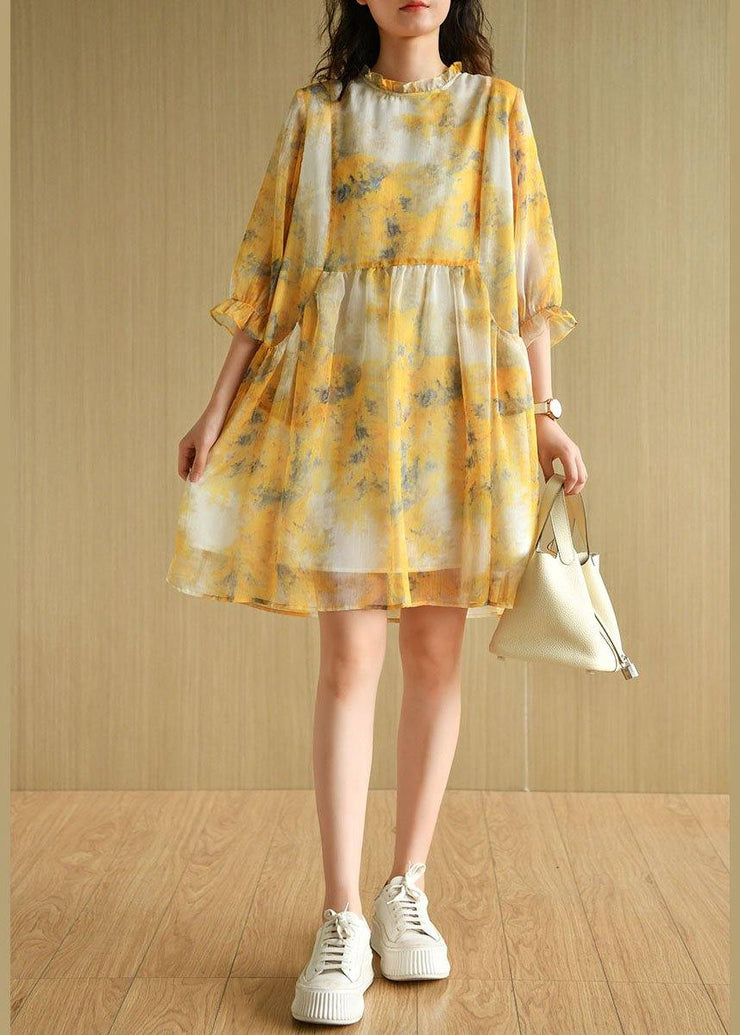 Simple Yellow Ruffled Print Pockets Summer Chiffon Vacation Dress Half Sleeve - SooLinen