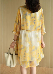 Simple Yellow Ruffled Print Pockets Summer Chiffon Vacation Dress Half Sleeve - SooLinen