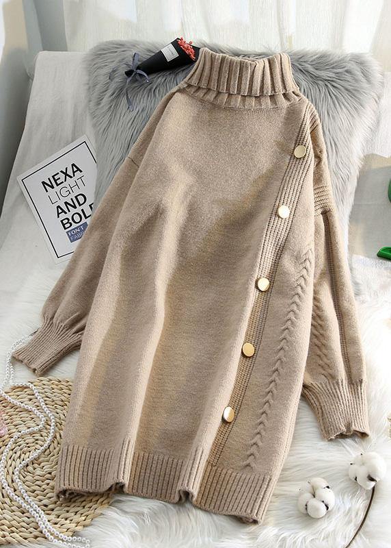 Simple beige Sweater dress outfit Refashion spring Largo high neck sweater dress - SooLinen