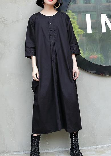 Simple black cotton quilting dresses o neck Cinched Maxi summer Dresses - SooLinen