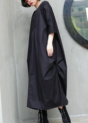 Simple black cotton quilting dresses o neck Cinched Maxi summer Dresses - SooLinen