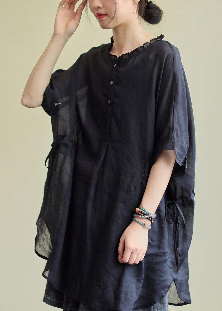 Simple black cotton tunic pattern o neck Ruffles Plus Size Clothing blouses - SooLinen