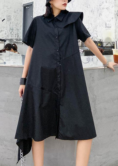 Simple black dress lapel zippered baggy asymmetric Dresses - SooLinen