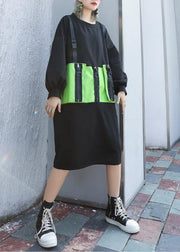 Simple black patchwork green Cotton Tunics o neck zippered Knee Dress - SooLinen