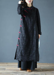 Simple black print clothes Women stand collar Chinese Button Kaftan Dresses - SooLinen