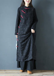 Simple black print clothes Women stand collar Chinese Button Kaftan Dresses - SooLinen